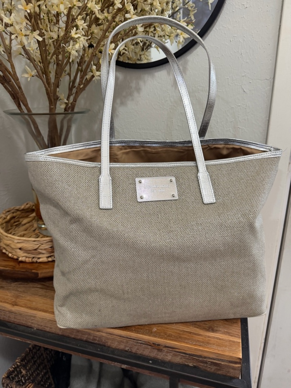 Michael Kors beige tote with silver trim